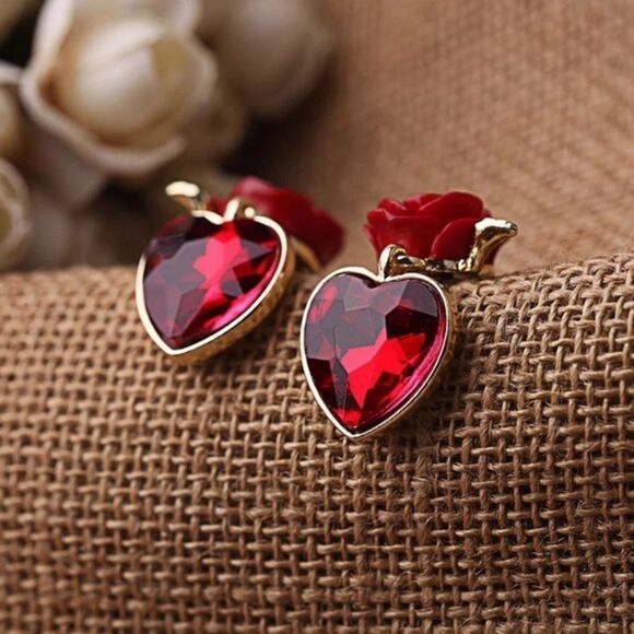 Ruby Red Heart Crystal Flower Gold Statement Drop Earrings - Picture 8 of 10